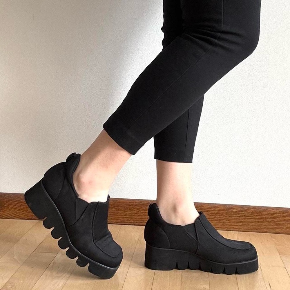 Cool and weird futuristic chunky slip on black wedge platform heels